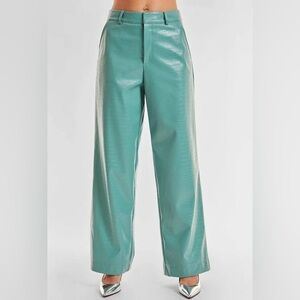 The Noli Shop Croco Faux Leather Pant in Sage green/blue Wide Leg